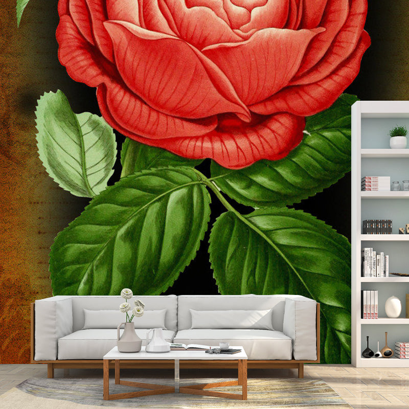 Decorative Blossoming Rose Wall Mural Non-Woven Fabric Retro Wall Covering for Bedroom Red-Green Clearhalo 'Wall Decor' 'Wall Mural' 1120686