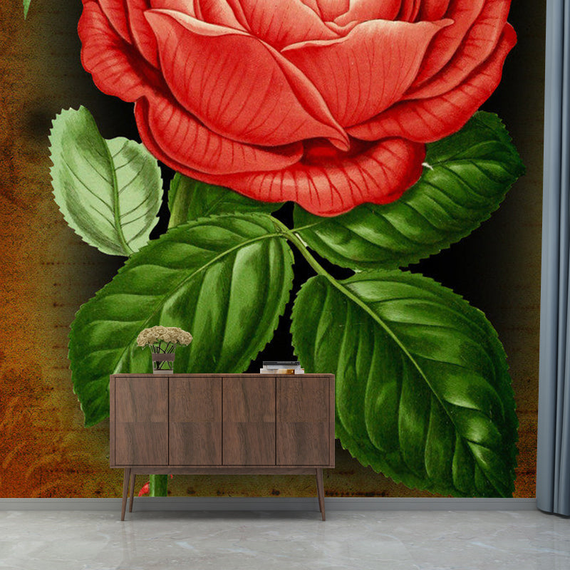 Decorative Blossoming Rose Wall Mural Non-Woven Fabric Retro Wall Covering for Bedroom Clearhalo 'Wall Decor' 'Wall Mural' 1120687