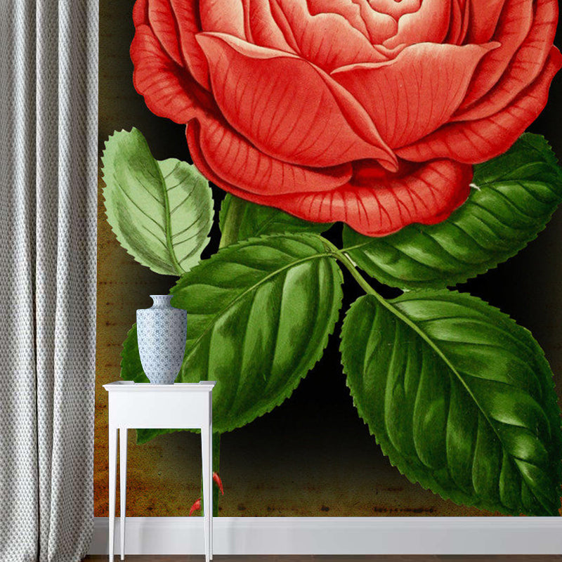 Decorative Blossoming Rose Wall Mural Non-Woven Fabric Retro Wall Covering for Bedroom Clearhalo 'Wall Decor' 'Wall Mural' 1120688