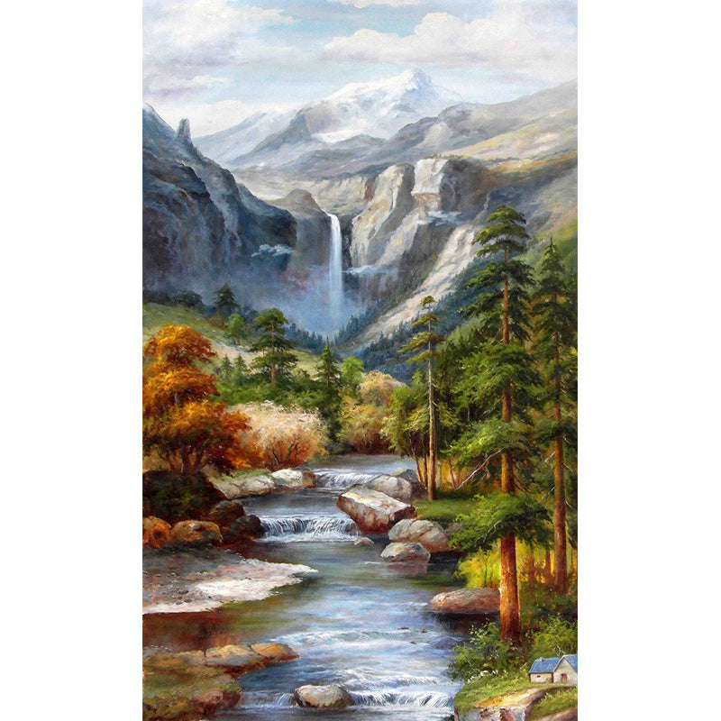 Large Aesthetic Wall Mural Decal in Grey and Green Waterfall and Mountain Wall Art, Personalized Size Available Clearhalo 'Wall Decor' 'Wall Mural' 1120694