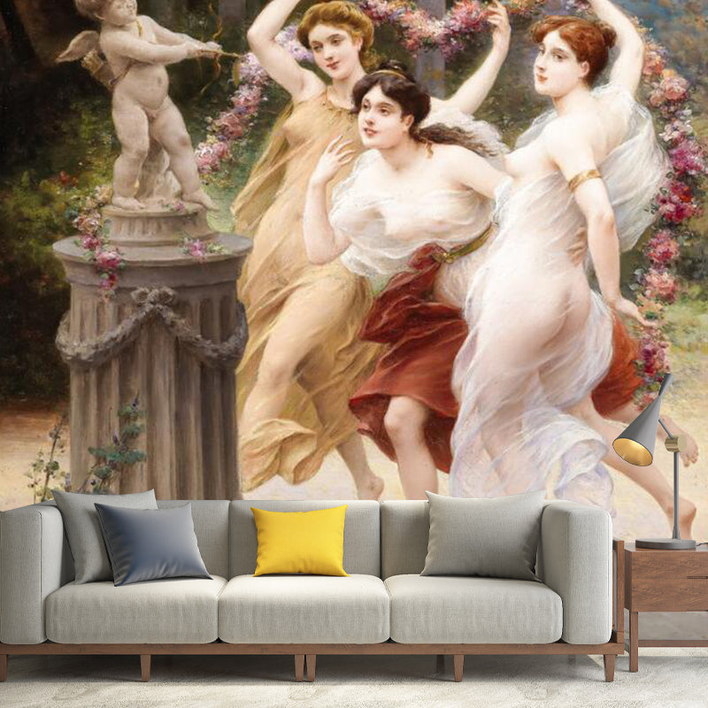 Fairy Ladies Wall Mural Decal for Living Room Decor, White and Brown, Custom Size Available White-Brown Clearhalo 'Wall Decor' 'Wall Mural' 1120718