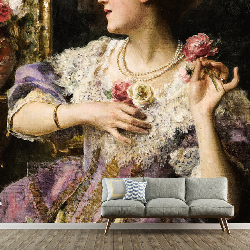 Illustration Elegant Lady Mural Wallpaper Full Size Wall Art for Living Room, Made to Measure Brown Clearhalo 'Wall Decor' 'Wall Mural' 1120766