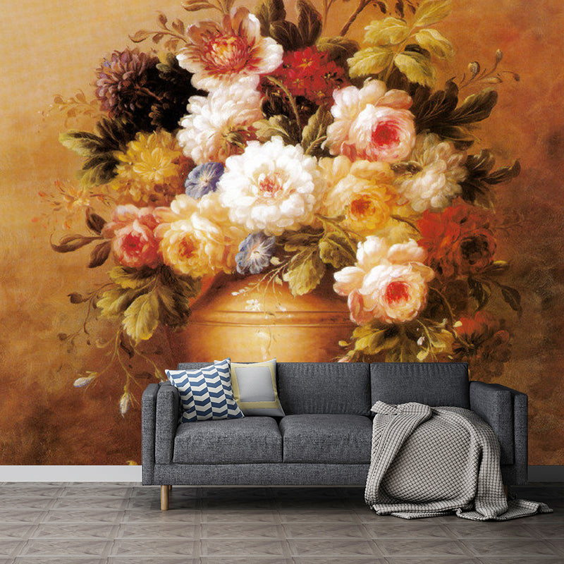 Retro Vase Blossoms Wall Decor for Fireplace, Customized Size Mural Wallpaper in Brown Clearhalo 'Wall Decor' 'Wall Mural' 1120966