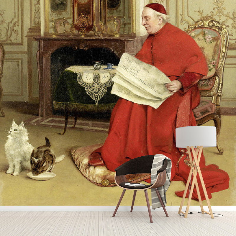 Enormous Illustration Vintage Wall Mural for Fireplace Decor with Bishop and Dog Design in Red and Brown Clearhalo 'Wall Decor' 'Wall Mural' 1121041