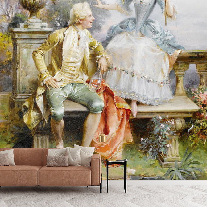 Gentleman and Fairy Lady Mural for Guest Room Classic Wall Covering in Yellow and White, Custom-Made Yellow-White Clearhalo 'Wall Decor' 'Wall Mural' 1122390