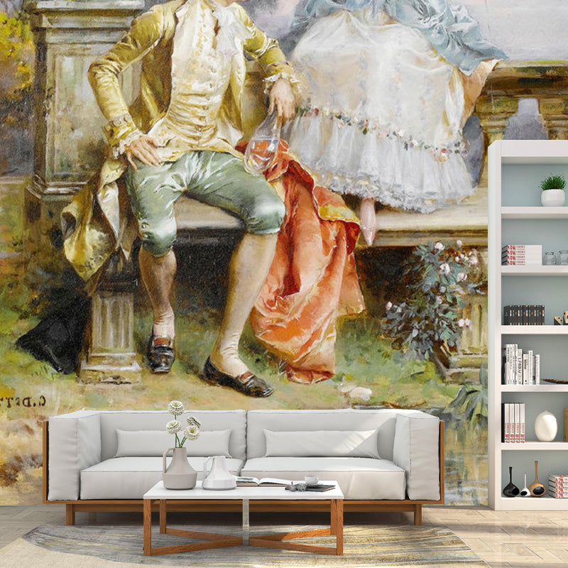 Gentleman and Fairy Lady Mural for Guest Room Classic Wall Covering in Yellow and White, Custom-Made Clearhalo 'Wall Decor' 'Wall Mural' 1122391