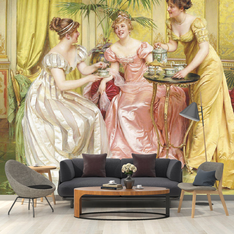 Vintage Fairy Lady Wall Mural in Pink and Yellow Living Room Wall Covering, Made to Measure Clearhalo 'Wall Decor' 'Wall Mural' 1122411