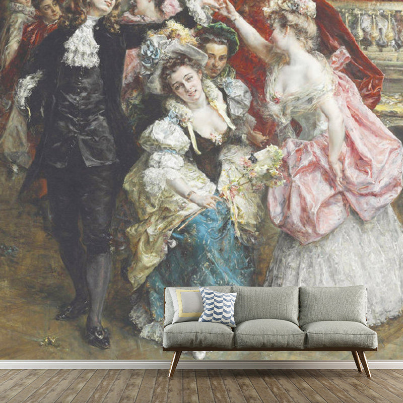 Large Illustration European Mural Wallpaper for Fireplace with Lady and Gentleman Design in Brown Brown Clearhalo 'Wall Decor' 'Wall Mural' 1122456