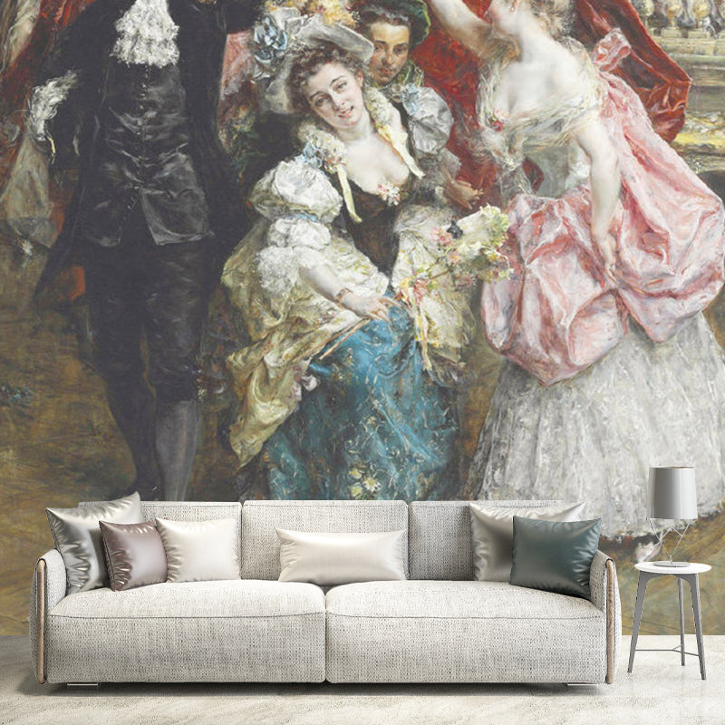 Large Illustration European Mural Wallpaper for Fireplace with Lady and Gentleman Design in Brown Clearhalo 'Wall Decor' 'Wall Mural' 1122457