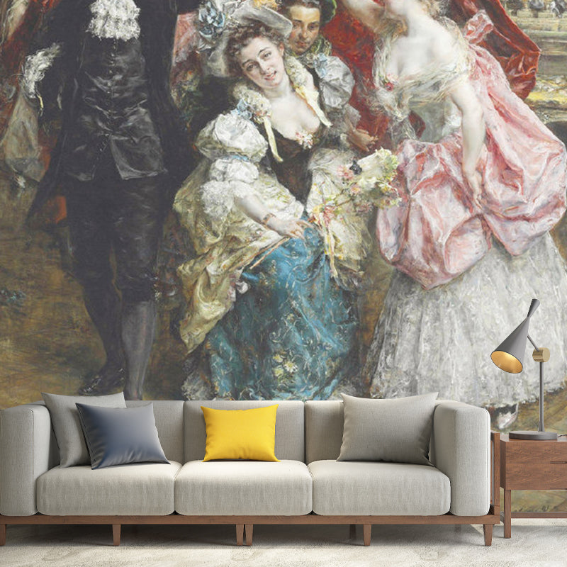 Large Illustration European Mural Wallpaper for Fireplace with Lady and Gentleman Design in Brown Clearhalo 'Wall Decor' 'Wall Mural' 1122458