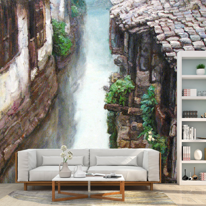 Big Illustration Traditional Mural Wallpaper for Living Room with Peaceful Town Design in Grey and Green Clearhalo 'Wall Decor' 'Wall Mural' 1122551