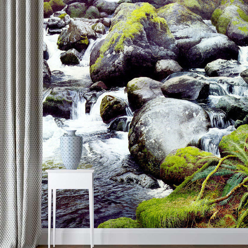 Water and Stone Mural Wallpaper for Home Decoration, Grey and Green, Personalized Size Available Gray-Green Clearhalo 'Wall Decor' 'Wall Mural' 1122554