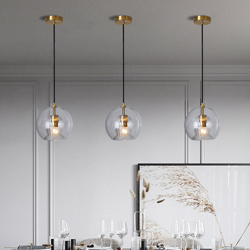 Globe Double Shade Hanging Light Simple Clear Glass 1 Bulb Dining Room Pendant in Gold, 6