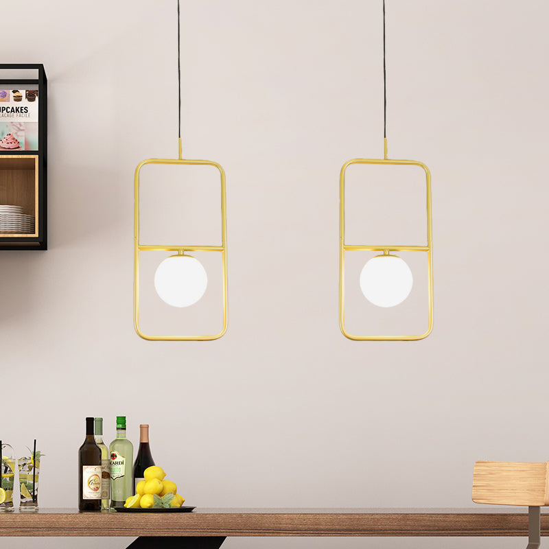 Gold Rectangular Pendant Light Post-Modern 1 Bulb Metal Hanging Light with Ball Milk Glass Shade Gold Clearhalo 'Ceiling Lights' 'Modern Pendants' 'Modern' 'Pendant Lights' 'Pendants' Lighting' 1125168