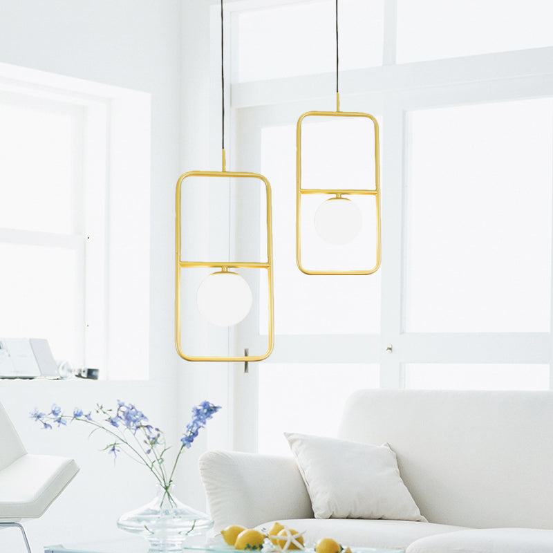 Gold Rectangular Pendant Light Post-Modern 1 Bulb Metal Hanging Light with Ball Milk Glass Shade Clearhalo 'Ceiling Lights' 'Modern Pendants' 'Modern' 'Pendant Lights' 'Pendants' Lighting' 1125169