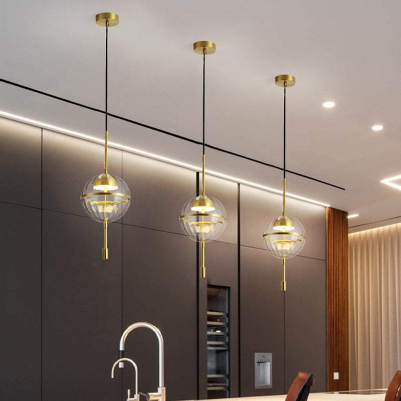 Spherical Ribbed Glass Hanging Light Kit Postmodern Gold LED Ceiling Pendant Lamp Clearhalo 'Ceiling Lights' 'Modern Pendants' 'Modern' 'Pendant Lights' 'Pendants' Lighting' 1125183