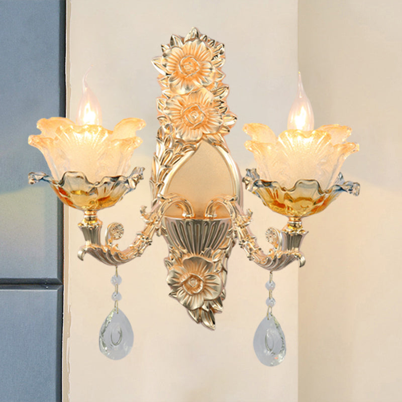 Mid-Century Flower Shade Wall Sconce 2 Heads Crystal Wall Mount Light Fixture in Gold Gold Clearhalo 'Wall Lamps & Sconces' 'Wall Lights' Lighting' 1125249