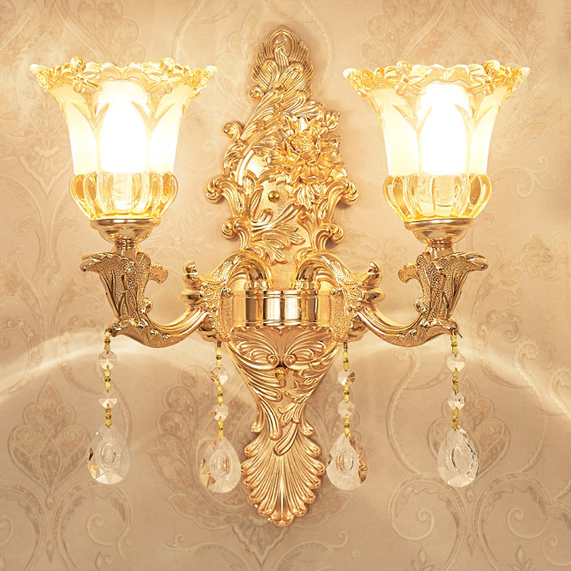 2 Lights Flower Wall Sconce Lighting Mid Century Gold Clear Ruffle Glass Wall Mounted Lamp Gold Clearhalo 'Wall Lamps & Sconces' 'Wall Lights' Lighting' 1125267