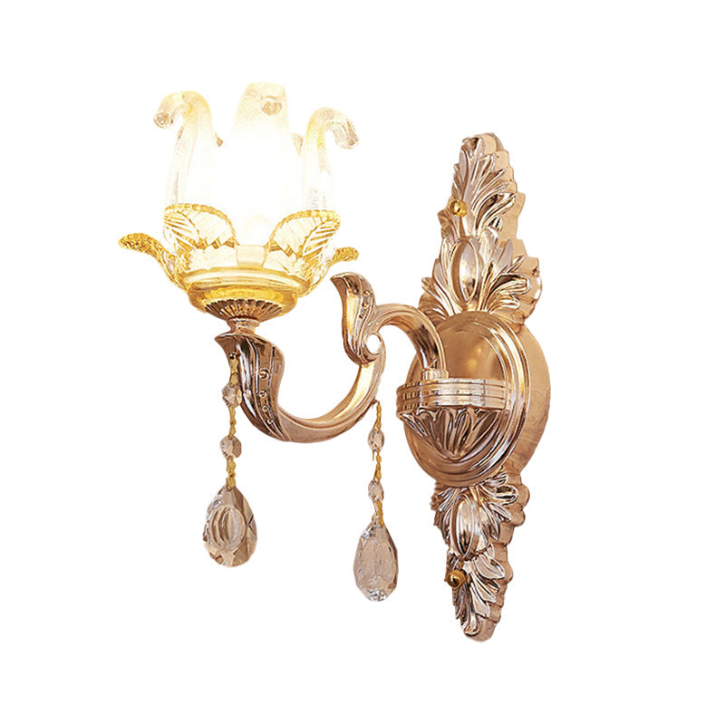 Floral Bedroom Sconce Light Fixture Traditional Single Crystal Glass Wall Lighting Idea in Gold Clearhalo 'Wall Lamps & Sconces' 'Wall Lights' Lighting' 1125273