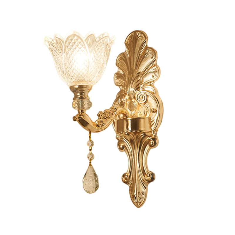 Flower Clear Latticed Glass Wall Lamp Mid-Century 1/2-Light Hallway Wall Sconce Lighting in Gold Clearhalo 'Wall Lamps & Sconces' 'Wall Lights' Lighting' 1125292