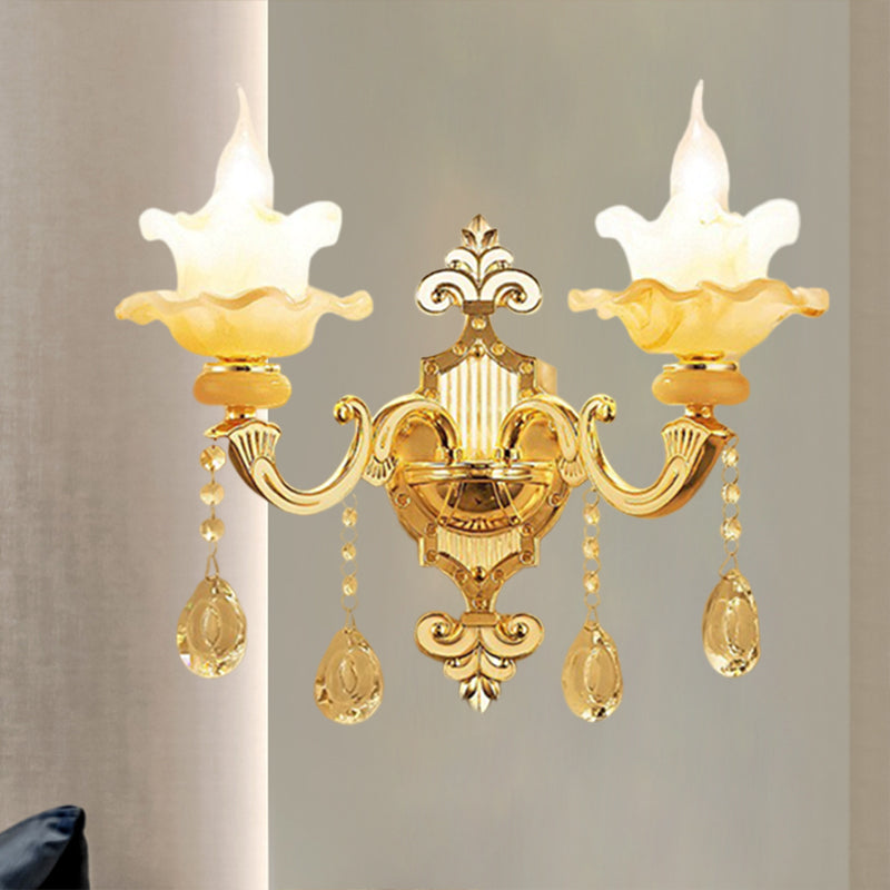 2 Bulbs Wall Mount Lighting Mid-Century Candle Style Crystal Glass Wall Lamp Fixture in Gold Gold Clearhalo 'Wall Lamps & Sconces' 'Wall Lights' Lighting' 1125307