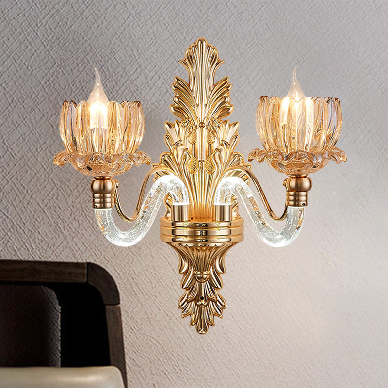 Mid Century Floral Sconce Lamp Fixture 2 Lights Ribbed Glass Wall Mounted Light in Gold Gold Clearhalo 'Wall Lamps & Sconces' 'Wall Lights' Lighting' 1125311