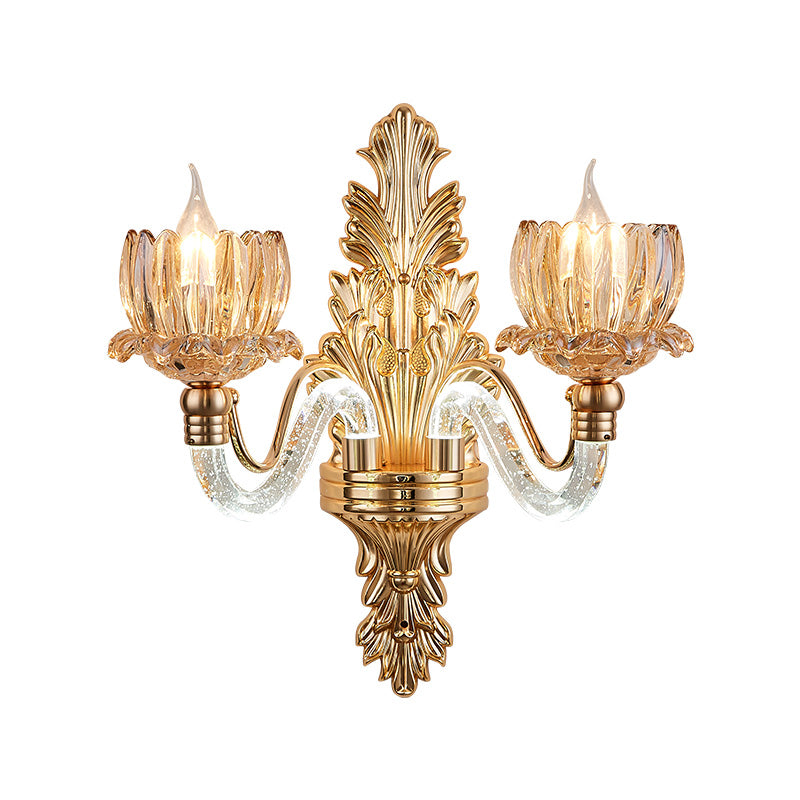 Mid Century Floral Sconce Lamp Fixture 2 Lights Ribbed Glass Wall Mounted Light in Gold Clearhalo 'Wall Lamps & Sconces' 'Wall Lights' Lighting' 1125313