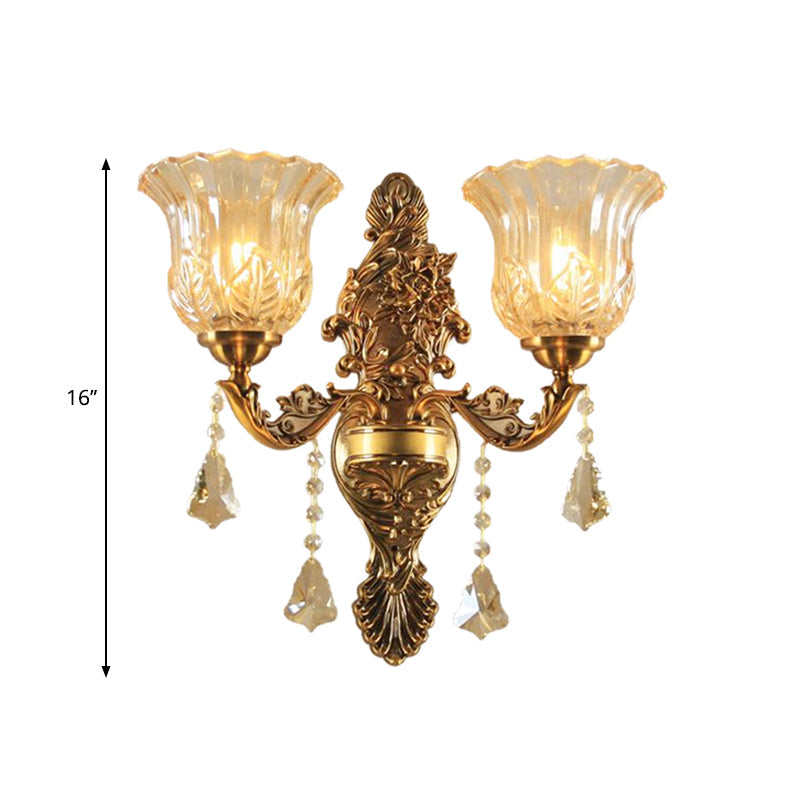 2-Head Wall Lighting Idea with Flower Shade Ribbed Glass Traditional Living Room Wall Lamp in Brass Clearhalo 'Wall Lamps & Sconces' 'Wall Lights' Lighting' 1125318