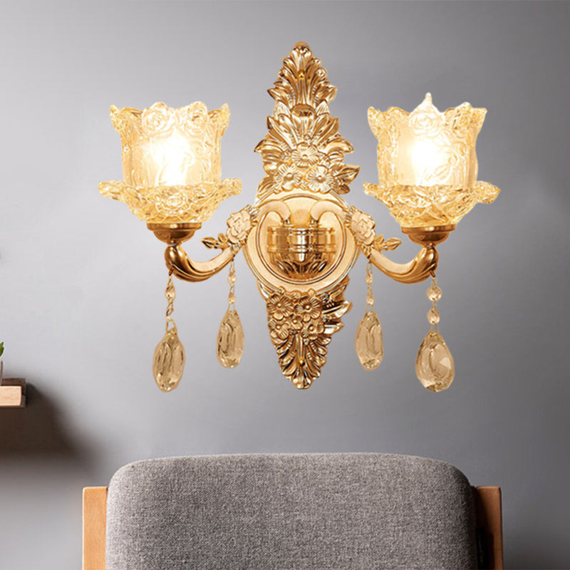 Flower Corner Sconce Lighting Mid Century Clear Crystal Glass 2 Heads Gold Wall Mounted Lamp Gold Clearhalo 'Wall Lamps & Sconces' 'Wall Lights' Lighting' 1125323