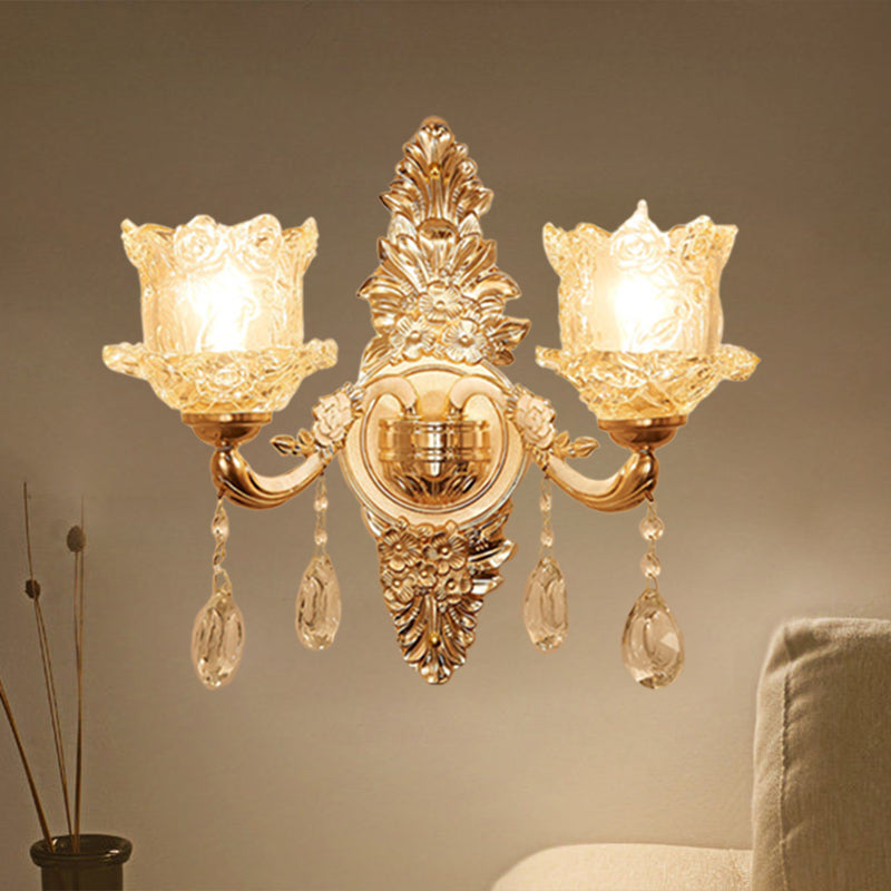 Flower Corner Sconce Lighting Mid Century Clear Crystal Glass 2 Heads Gold Wall Mounted Lamp Clearhalo 'Wall Lamps & Sconces' 'Wall Lights' Lighting' 1125324