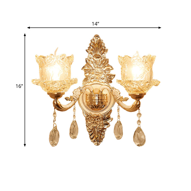 Flower Corner Sconce Lighting Mid Century Clear Crystal Glass 2 Heads Gold Wall Mounted Lamp Clearhalo 'Wall Lamps & Sconces' 'Wall Lights' Lighting' 1125326