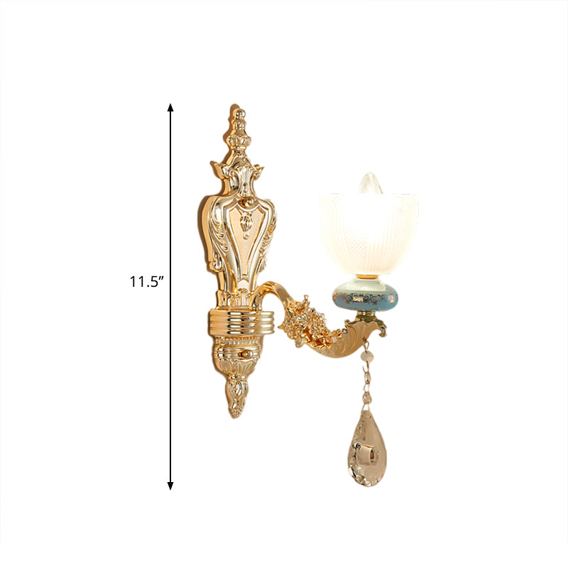 Mid-Century Cup Shape Wall Light Fixture Single Light Latticed Glass Wall Lamp Sconce in Gold Clearhalo 'Wall Lamps & Sconces' 'Wall Lights' Lighting' 1125330