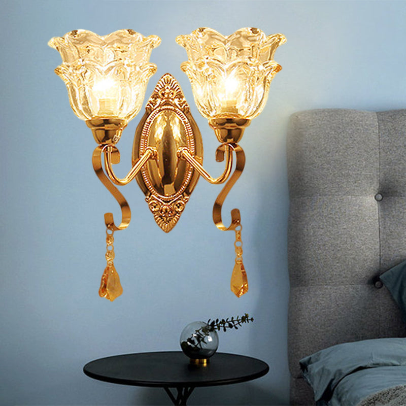 Gold 2 Lights Sconce Lamp Fixture Traditional Clear Crystal Glass Flower Shade Wall Lighting Gold Clearhalo 'Wall Lamps & Sconces' 'Wall Lights' Lighting' 1125331