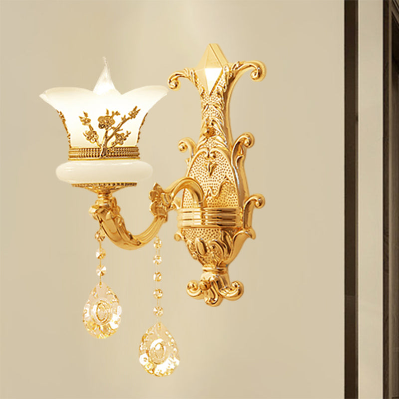 1/2-Light Frosted Glass Wall Mounted Lamp Mid-Century Gold Finish Flower Bedside Wall Light Fixture Clearhalo 'Wall Lamps & Sconces' 'Wall Lights' Lighting' 1125340