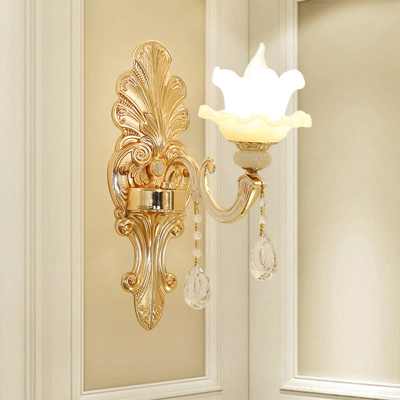 Opal Glass Gold Finish Wall Sconce Flower Shade Single Light Mid Century Wall Mounted Light Gold Clearhalo 'Wall Lamps & Sconces' 'Wall Lights' Lighting' 1125344