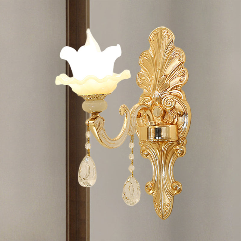 Opal Glass Gold Finish Wall Sconce Flower Shade Single Light Mid Century Wall Mounted Light Clearhalo 'Wall Lamps & Sconces' 'Wall Lights' Lighting' 1125345