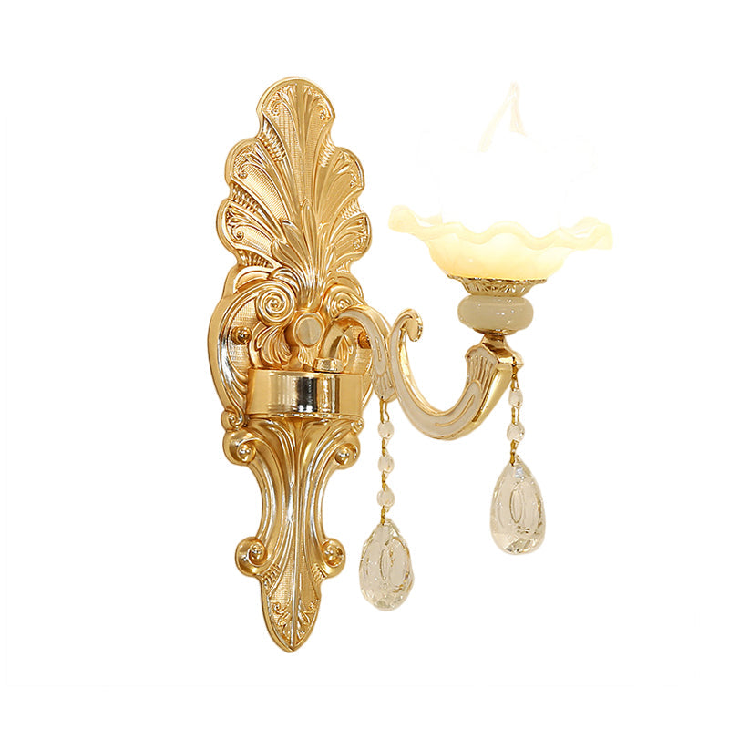 Opal Glass Gold Finish Wall Sconce Flower Shade Single Light Mid Century Wall Mounted Light Clearhalo 'Wall Lamps & Sconces' 'Wall Lights' Lighting' 1125346