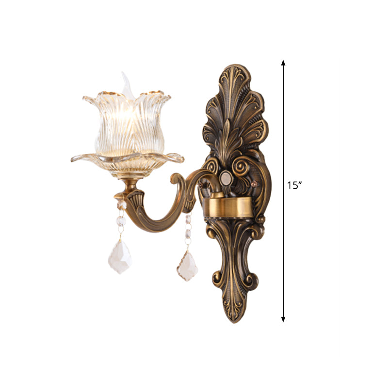 Single Wall Mounted Light with Flower Shade Clear Prismatic Glass Traditional Bedside Wall Lamp in Antique Brass Clearhalo 'Wall Lamps & Sconces' 'Wall Lights' Lighting' 1125363