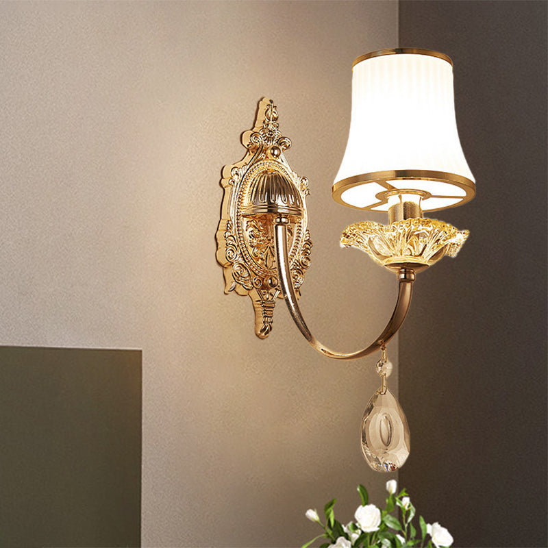 Arced Jar Bedside Wall Light Fixture Mid Century Frosted Glass 1 Bulb Gold Wall Mount Lamp Gold Clearhalo 'Wall Lamps & Sconces' 'Wall Lights' Lighting' 1125364