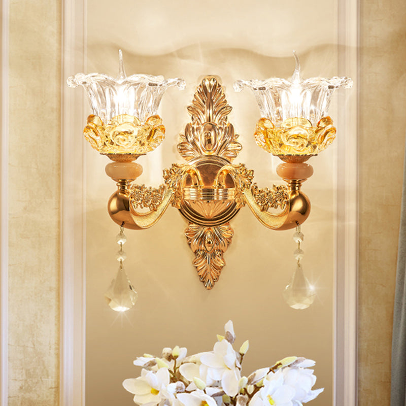 Gold 2 Bulbs Sconce Lamp Traditional Clear Crystal Glass Floral Wall Mount Light Fixture Gold Clearhalo 'Wall Lamps & Sconces' 'Wall Lights' Lighting' 1125368