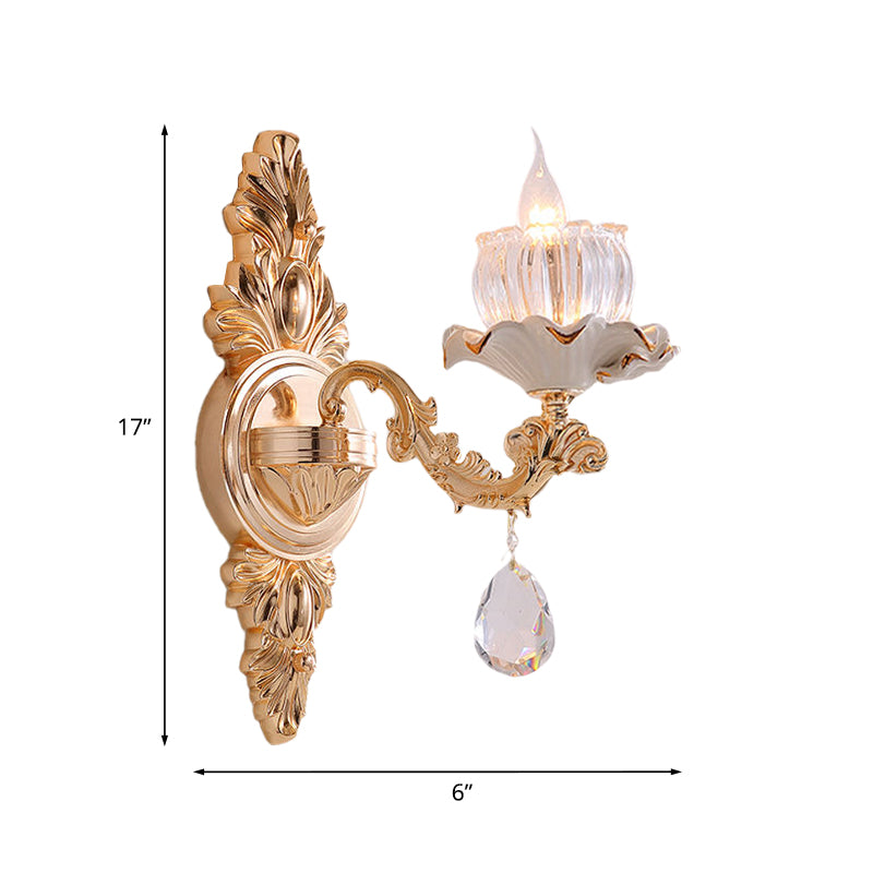 Traditional Ruffle Wall Mount Light 1/2-Head Clear Ribbed Glass Sconce Lighting with Carved Arm in Gold Clearhalo 'Wall Lamps & Sconces' 'Wall Lights' Lighting' 1125407