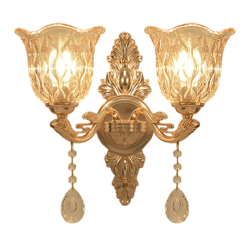 Clear Textured Glass Gold Sconce Bell Shaped 1/2-Light Traditional Wall Mounted Lamp Clearhalo 'Wall Lamps & Sconces' 'Wall Lights' Lighting' 1125421