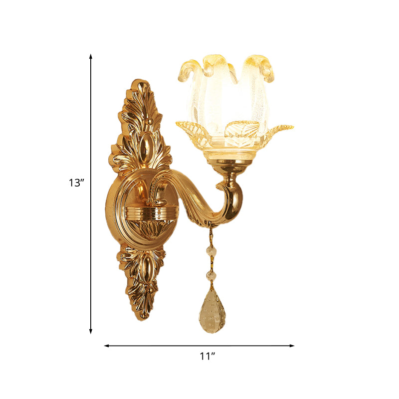 Gold 1/2-Bulb Sconce Light Traditional Frosted Glass Floral Wall Lighting Ideas for Living Room Clearhalo 'Wall Lamps & Sconces' 'Wall Lights' Lighting' 1125453