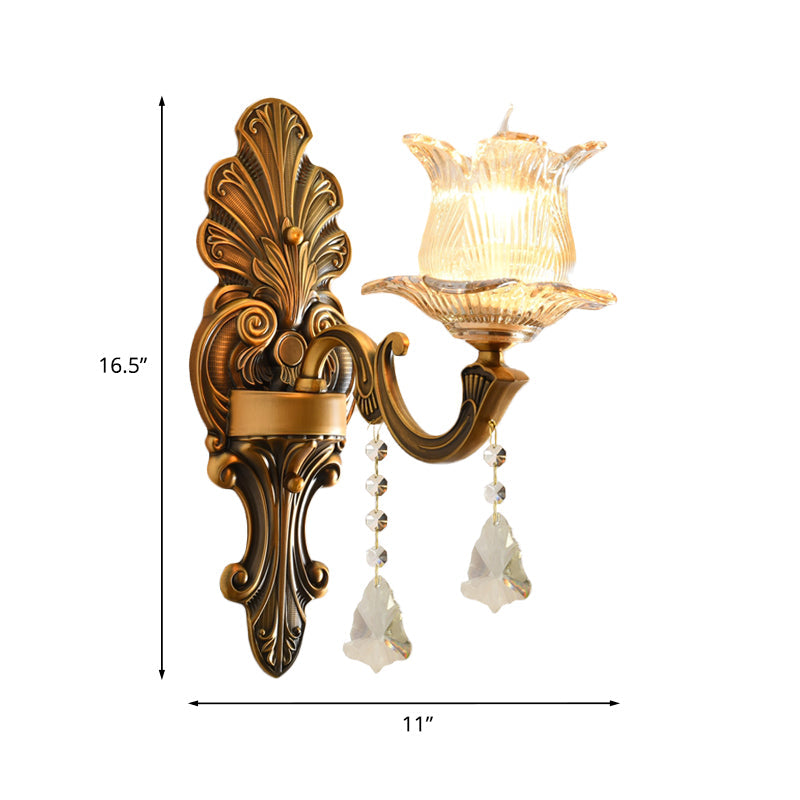 Brass Single-Bulb Wall Sconce Traditional Ribbed Glass 2 Layers Floral Wall Mounted Lighting Clearhalo 'Wall Lamps & Sconces' 'Wall Lights' Lighting' 1125462