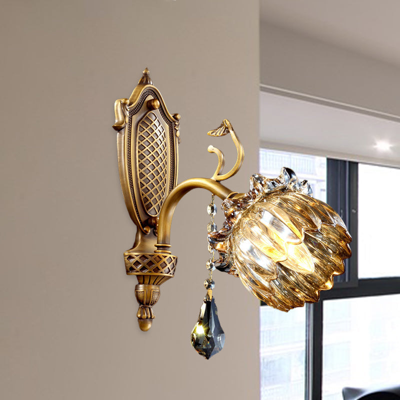 1 Head Amber Glass Wall Light Antique Style Brass Lotus Sitting Room Wall Sconce Lighting Brass Clearhalo 'Wall Lamps & Sconces' 'Wall Lights' Lighting' 1125468