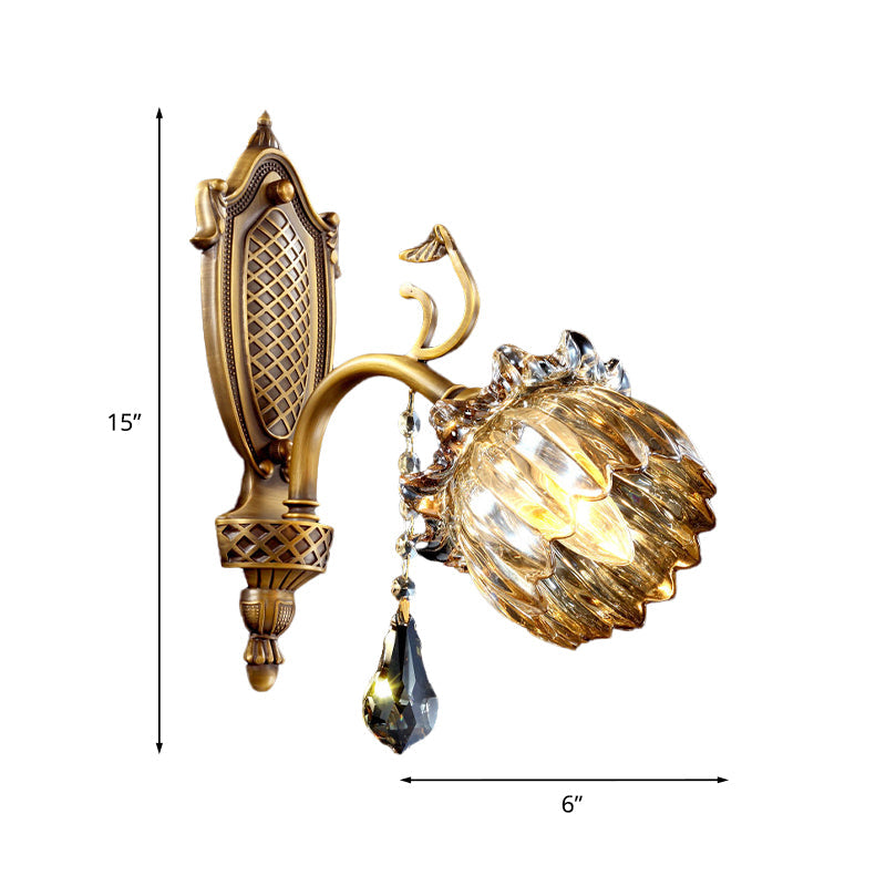 1 Head Amber Glass Wall Light Antique Style Brass Lotus Sitting Room Wall Sconce Lighting Clearhalo 'Wall Lamps & Sconces' 'Wall Lights' Lighting' 1125471