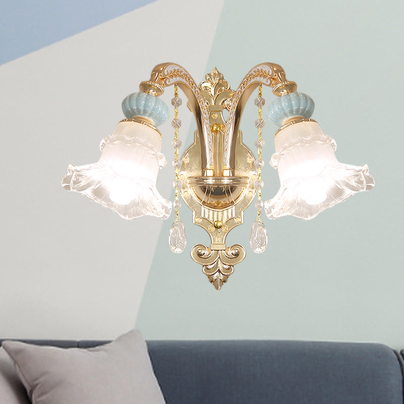 Blue 1/2-Light Sconce Lighting Traditional Opal Frosted Glass Ruffle Trim Wall Lamp with Ceramic Accent Clearhalo 'Wall Lamps & Sconces' 'Wall Lights' Lighting' 1125482