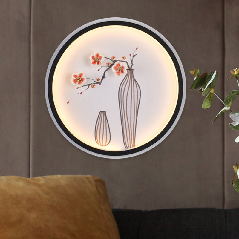 Plum and Vase Dining Room Mural Lighting Ceramic Minimalist LED Circle Wall Mount Lamp in Black Clearhalo 'Wall Lamps & Sconces' 'Wall Lights' Lighting' 1125603