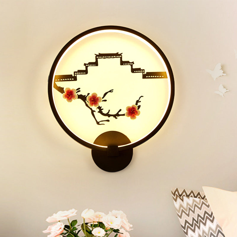 Chinese Plum Flower Mural Lamp Ceramic Bedside LED Wall Lighting with Ring in Black Black Clearhalo 'Wall Lamps & Sconces' 'Wall Lights' Lighting' 1125610