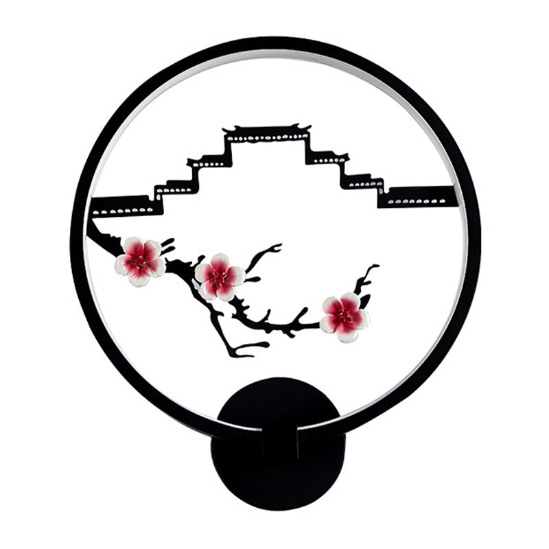 Chinese Plum Flower Mural Lamp Ceramic Bedside LED Wall Lighting with Ring in Black Clearhalo 'Wall Lamps & Sconces' 'Wall Lights' Lighting' 1125611